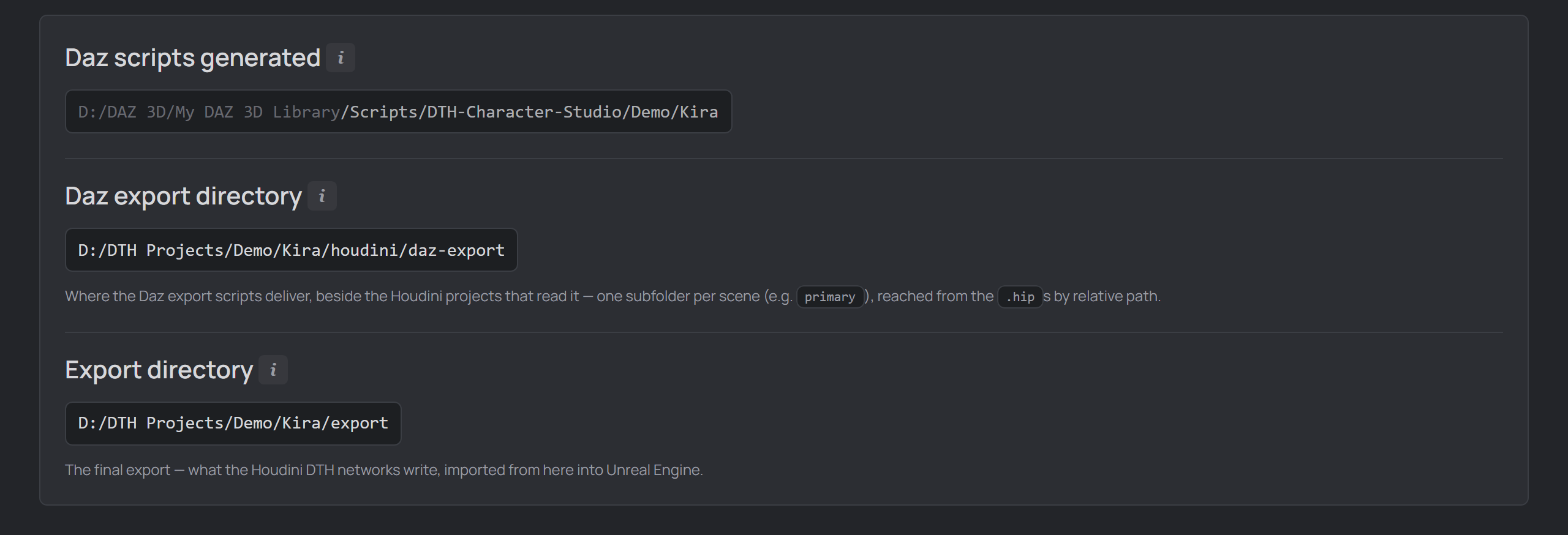character page, Daz scripts generated box with the Daz export directory sub-section
