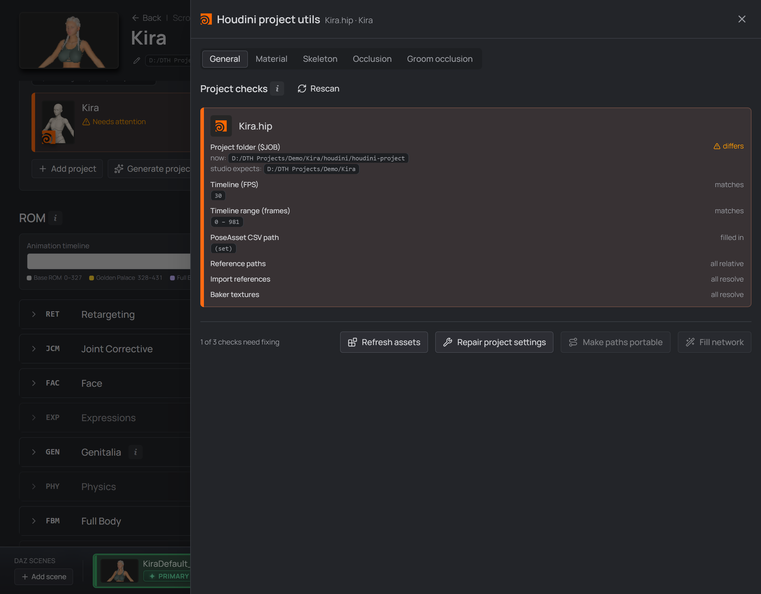 the General tab: one row per check, verdicts aligned right, the fixes in the footer